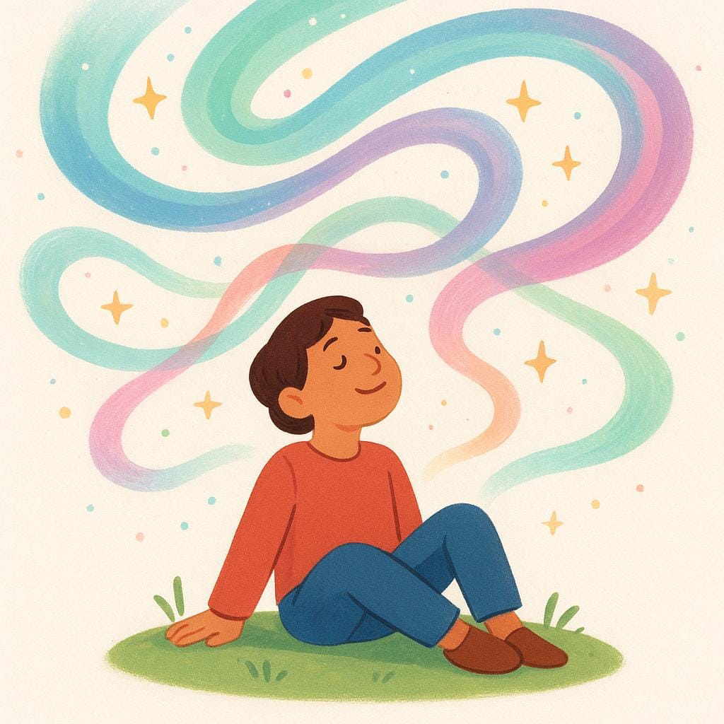 Uma figura sentada pacificamente, cercada por formas e estrelas coloridas e rodopiantes, sugerindo um estado de euforia ou intoxicação.