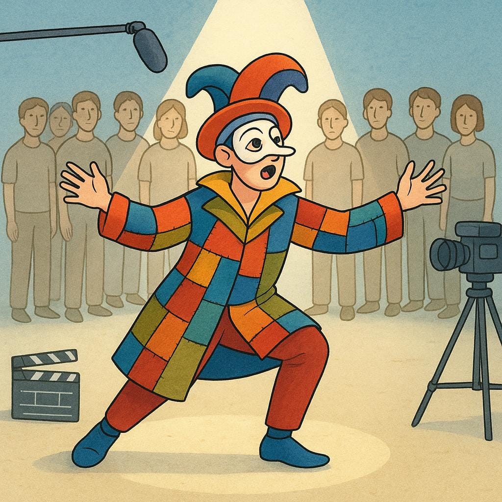 Een sprookjesachtige illustratie die een filmset weergeeft. Eén fel verlichte acteur treedt op op de voorgrond. Daarachter staat een groep van tien mensen in eenvoudige, uniforme kleding passief, wat achtergrondacteurs voorstelt.