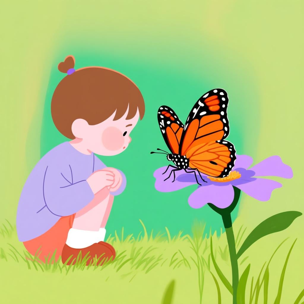 A focused child attentively watching a bright orange butterfly resting on a purple flower in a garden.