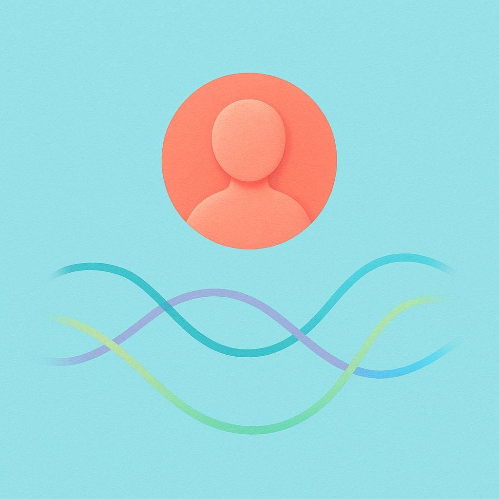 A stylized, simple avatar icon (head and shoulders outline) floating above curved lines representing a network connection, illustrating a digital identity.