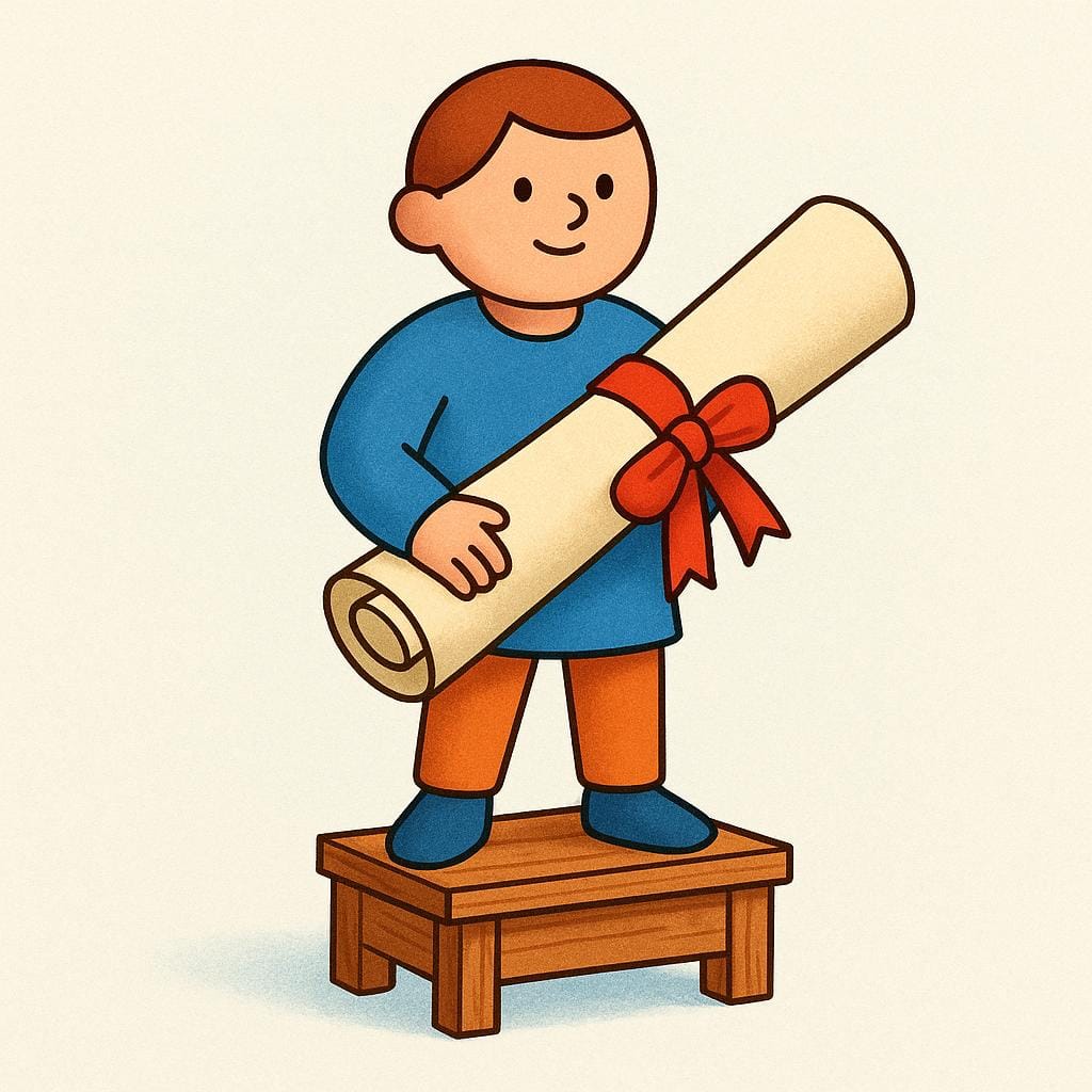 A simple human figure standing confidently on a small, sturdy, raised wooden box, holding a large, rolled-up scroll tied with a ribbon, symbolizing a political platform or set of principles.