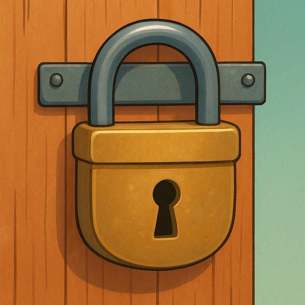 A large, sturdy padlock fastened securely to a simple wooden door, illustrating the act of securing something.