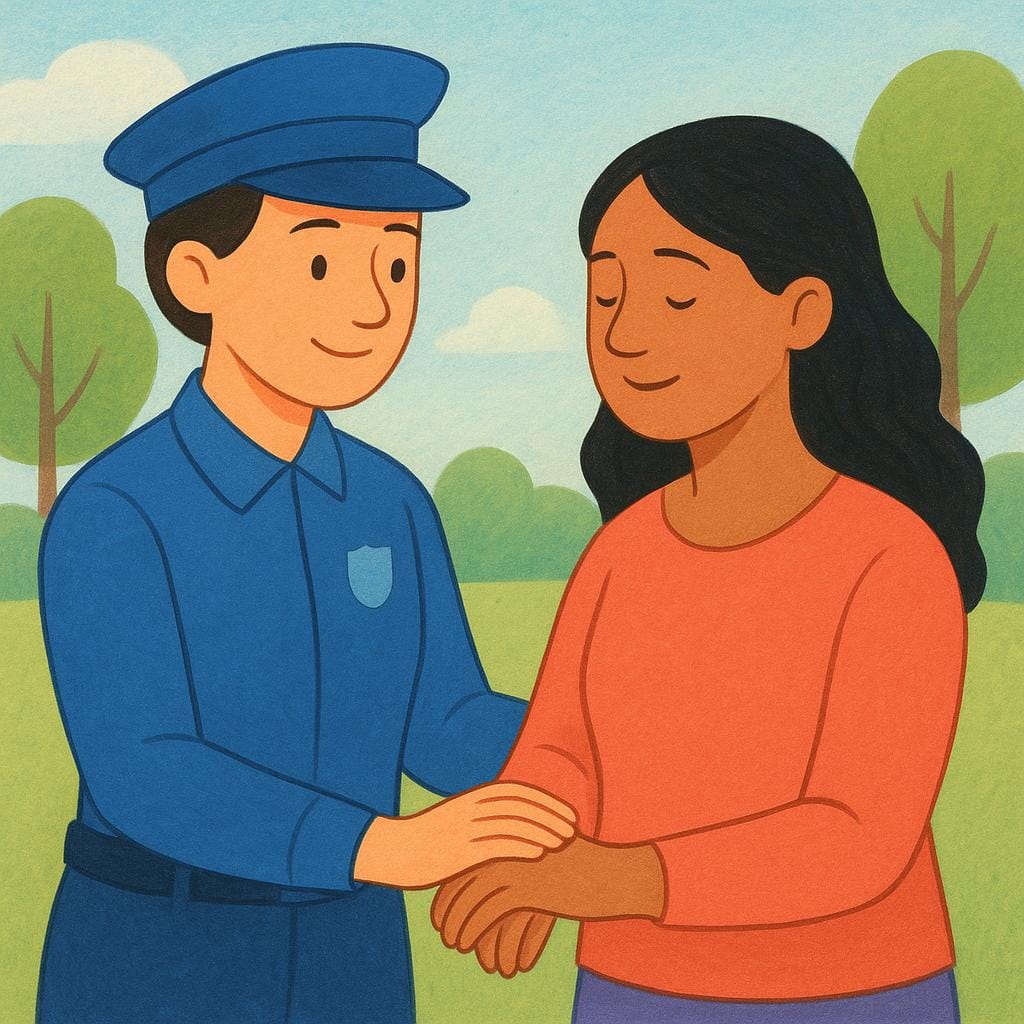 A uniformed authority figure gently placing one hand on the wrist of a civilian figure, symbolizing taking them into custody.