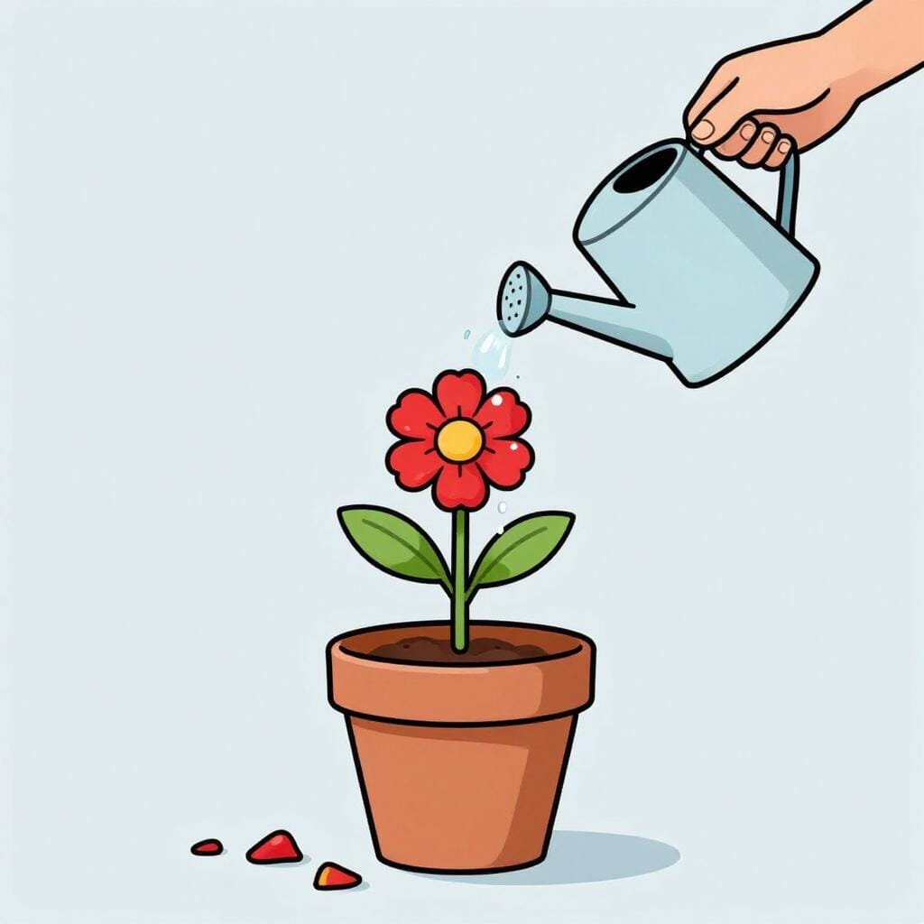 A wilted flower being watered and standing up tall with bright green leaves and a vibrant red bloom.