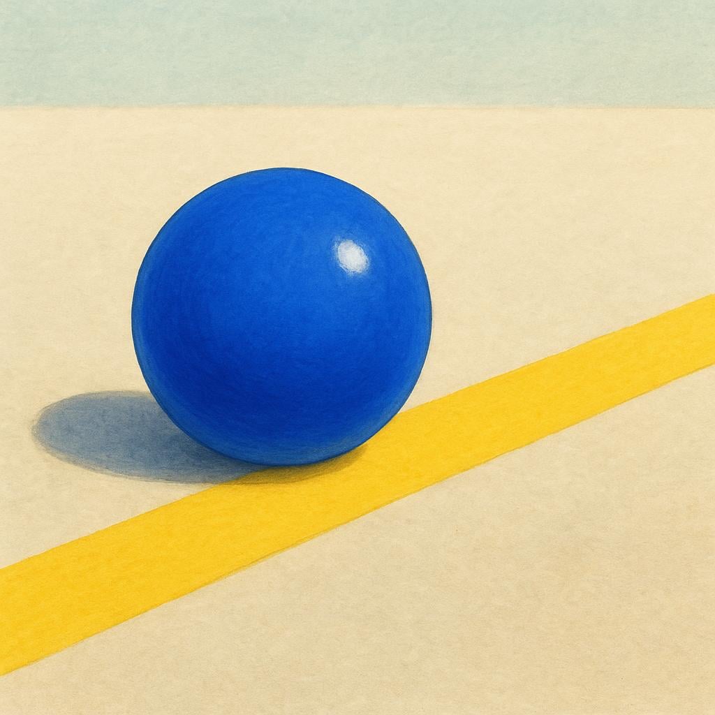 A small, blue rolling ball that has come to a complete stop just before touching a thick, bright yellow line painted across the ground.