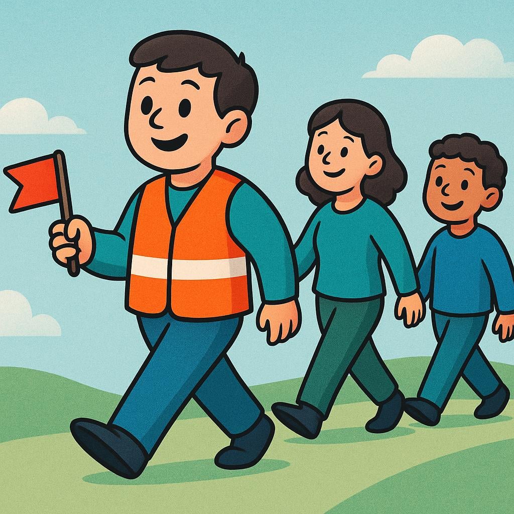 A cheerful tour guide holding a small bright flag leading a small line of two tourists across a sunny outdoor path.