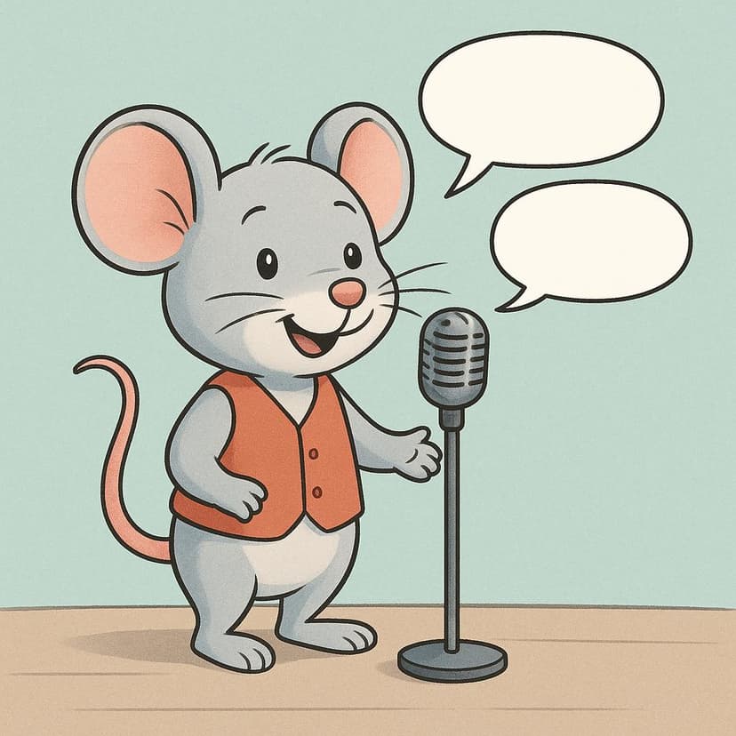 A friendly cartoon mouse speaking into a large microphone. Two identical speech bubbles exit the mouse's mouth, one immediately after the other, symbolizing saying something again.