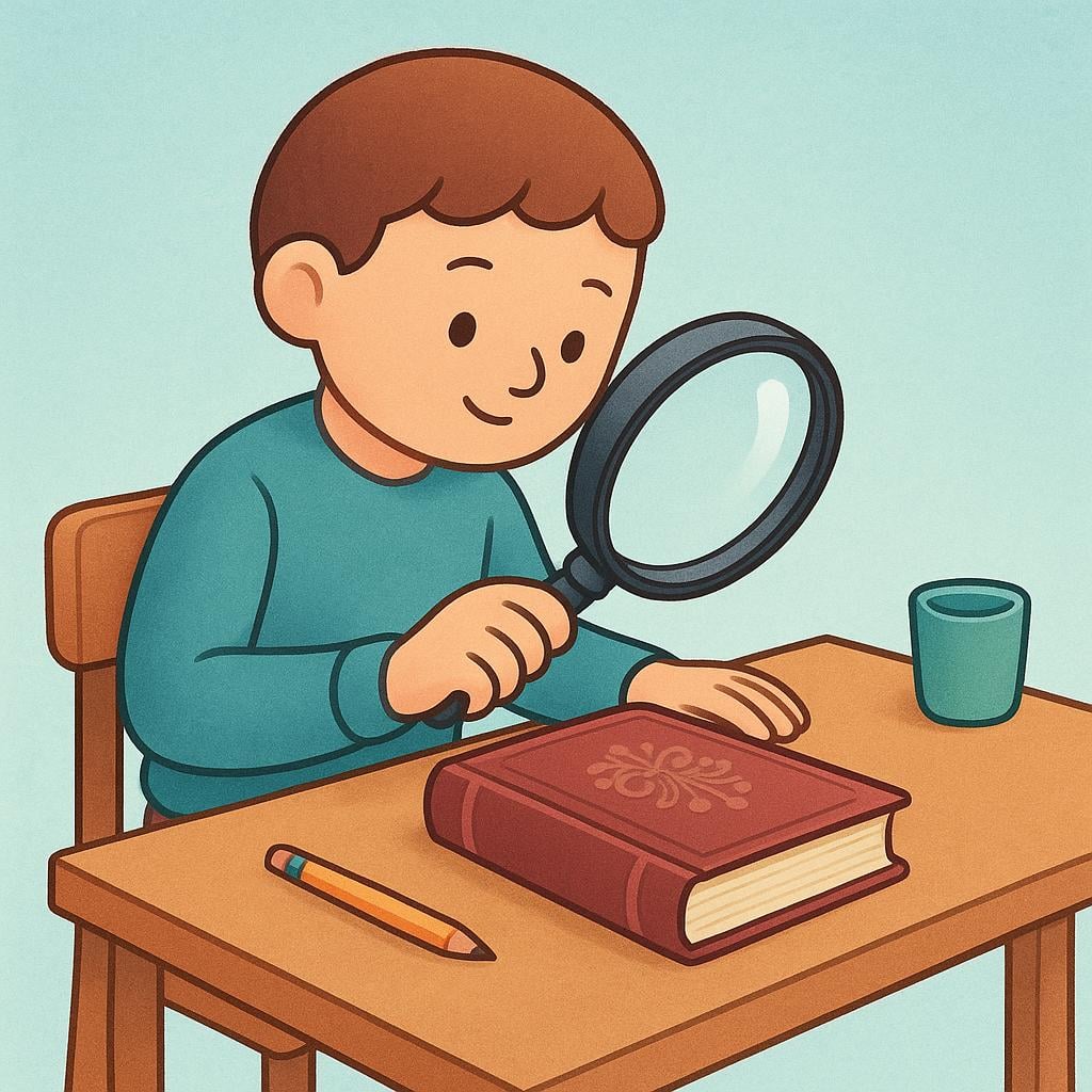A simplified character sitting at a desk, carefully examining a closed book with a large magnifying glass, symbolizing a formal review.