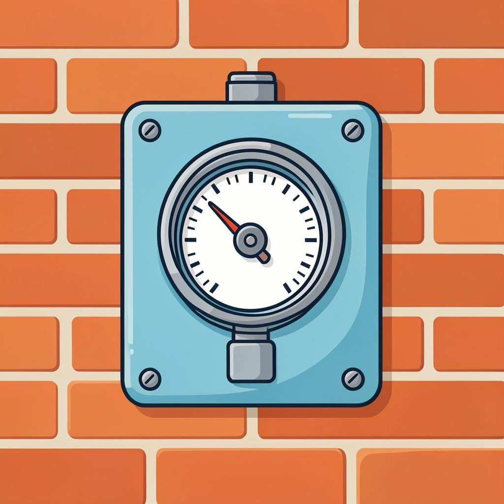 A utility meter with a rotating dial and a glass cover attached to an outdoor wall.