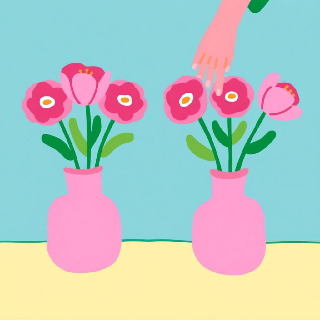 A hand selecting a group of pink flowers while ignoring a nearby group of different flowers, demonstrating the pronoun 'the other ones'.