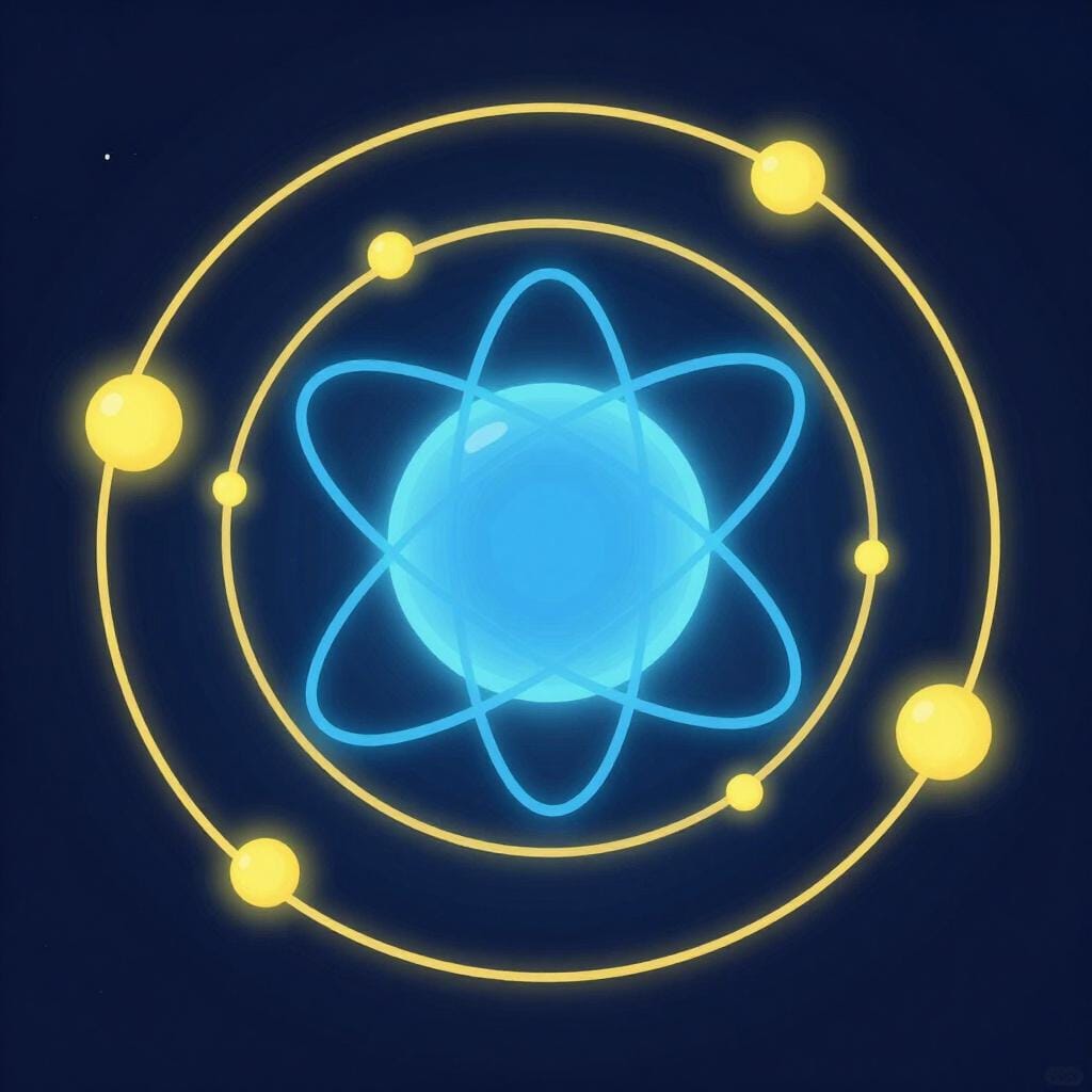 A glowing blue sphere surrounded by smaller glowing particles on circular orbits.