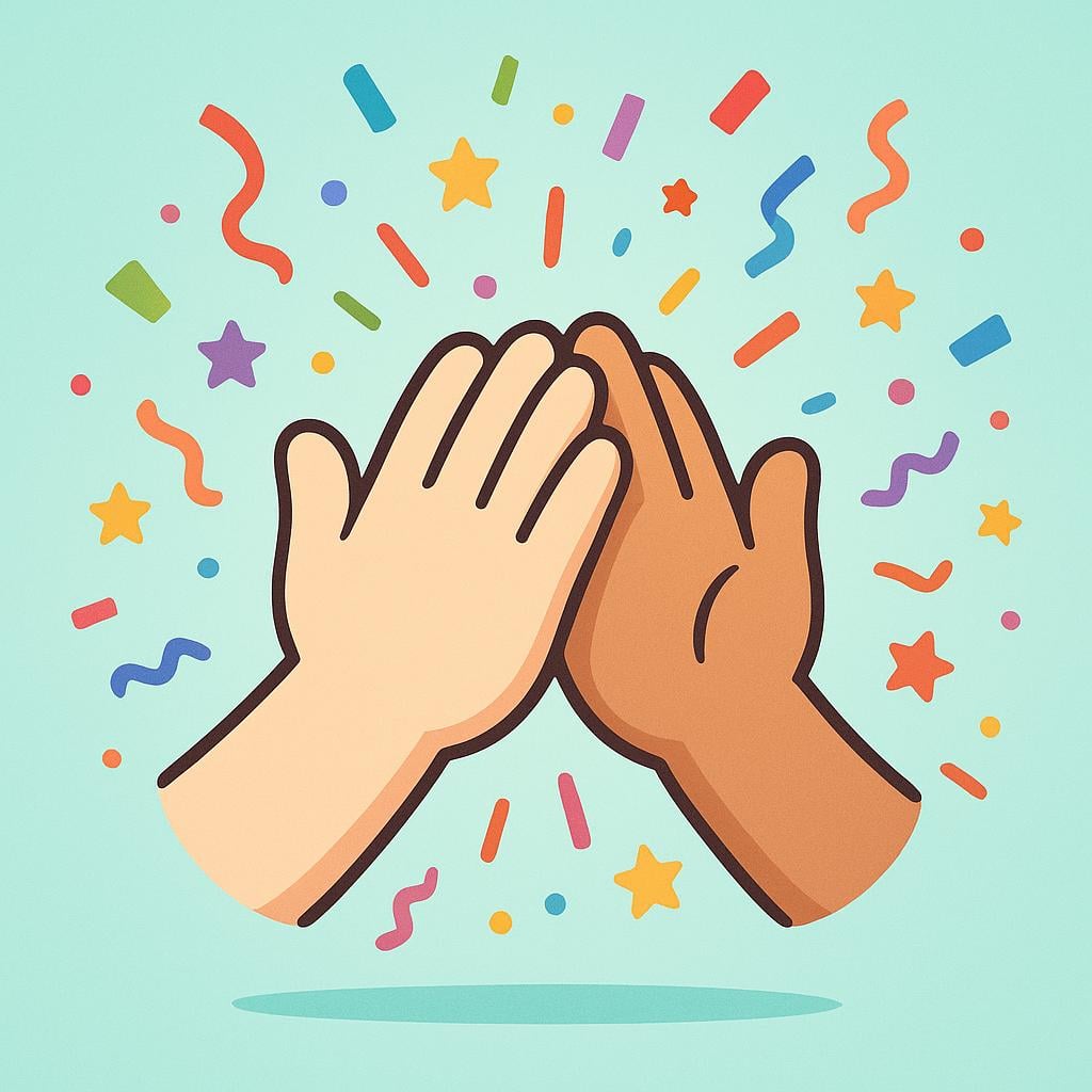 A colorful storybook illustration showing two cartoon hands meeting in a high-five gesture. The background is bright, and the high-five is surrounded by a burst of colorful confetti and small shining star shapes.