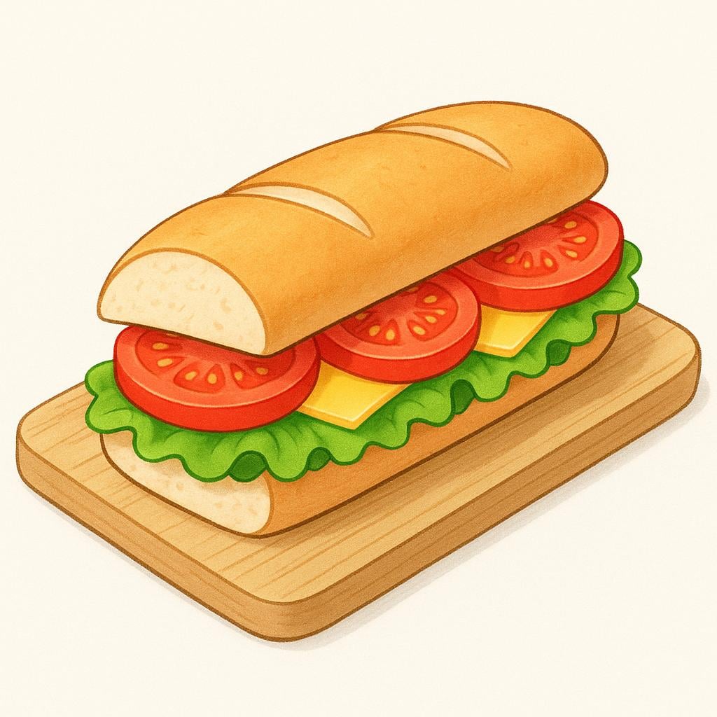 A long, hearty sub sandwich filled with layers of meat, cheese, and lettuce, resting on a wooden cutting board.