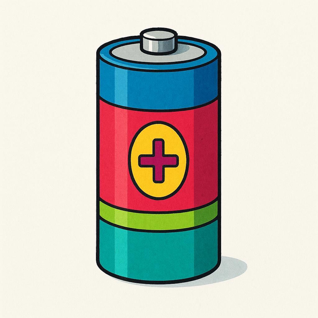 A colorful, simple illustration of a single cylindrical electrical battery with positive and negative terminals clearly visible.