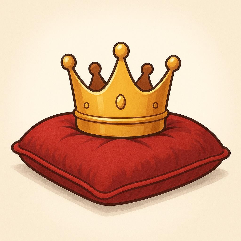 A simple, ornate golden crown resting on a deep red velvet pillow.