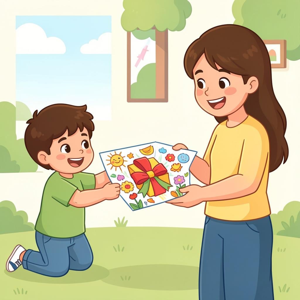 A child handing a colorful drawing to a smiling adult.