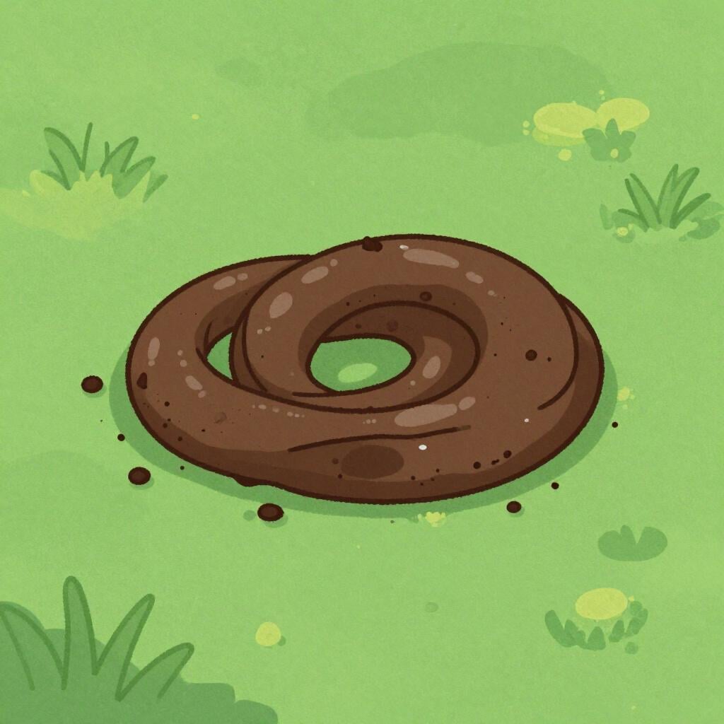 Un petit tas de crottes d'animaux brun, bien enroulé, sur une parcelle d'herbe verte.