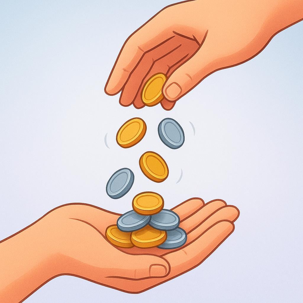 A close-up of one hand dropping a small handful of silver and gold coins into the open palm of a receiving hand.