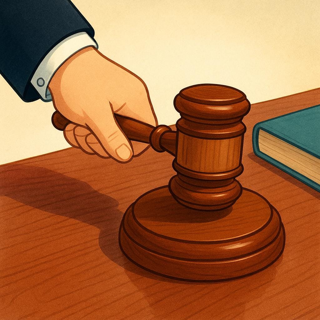 A judge's hand firmly setting a large wooden gavel down on a desk next to a closed leather-bound book, indicating a final decision has been made.