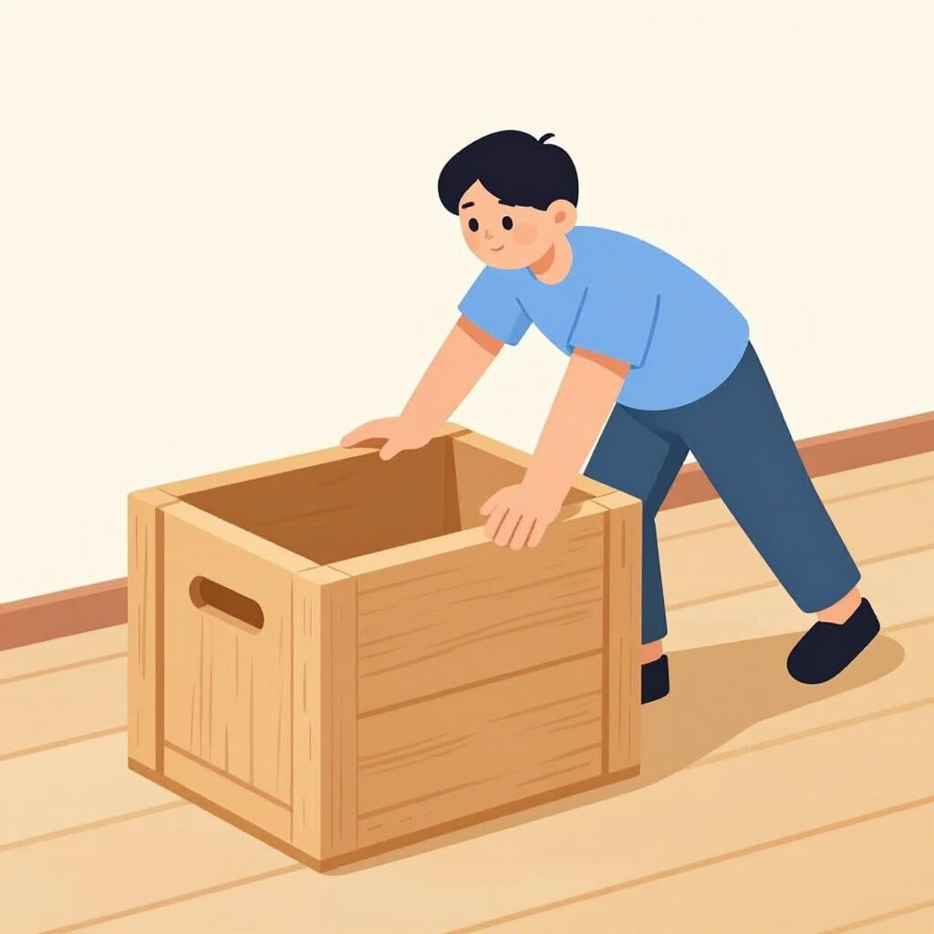 Une personne utilisant ses mains pour pousser une grande caisse en bois lourde.