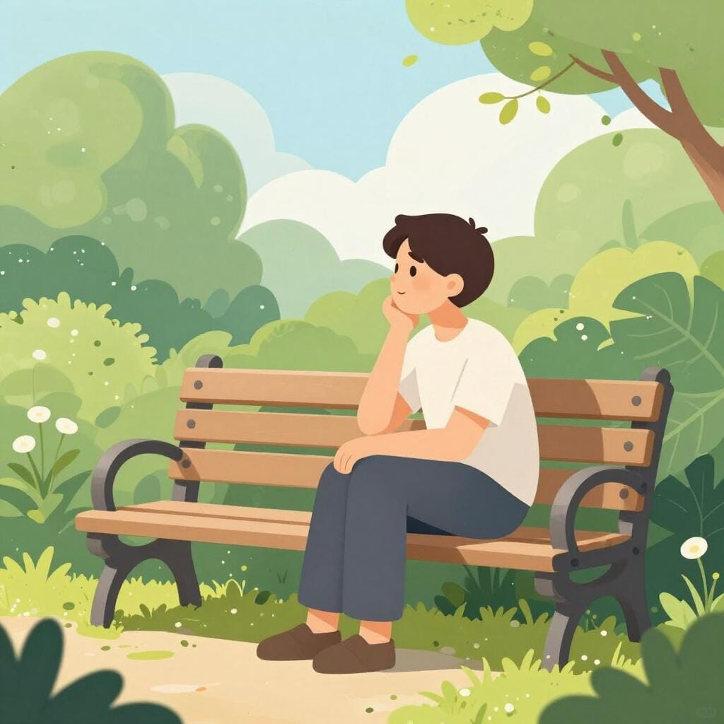 Uma ilustração de uma pessoa sentada num banco de jardim, com o queixo apoiado na mão, a olhar pensativamente para a distância.