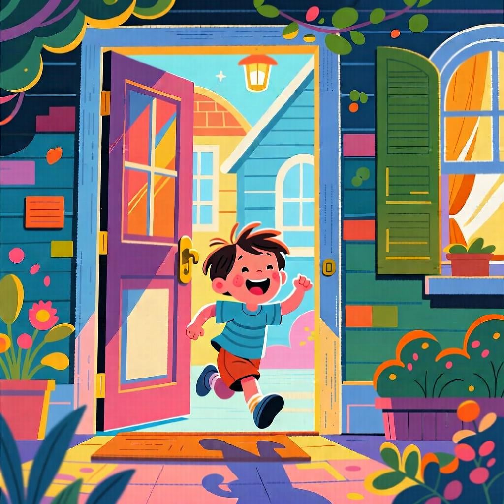 A small child running joyfully through an open front door back into a warm, brightly lit house.