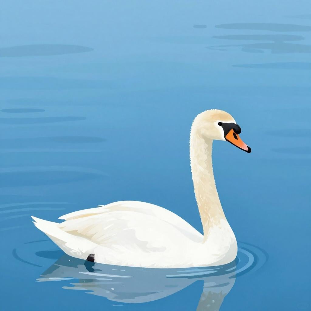 A swan swimming gracefully on a calm, deep blue pond.