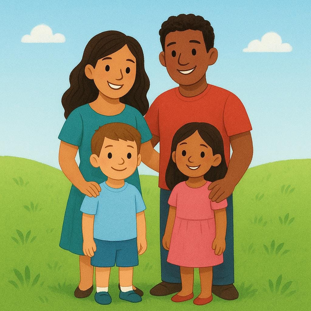 A diverse family unit consisting of two parents and two children standing together and smiling happily in an outdoor setting.