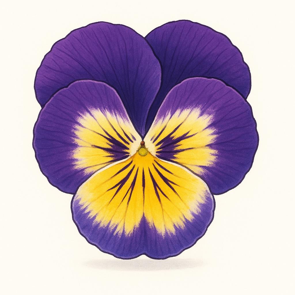 A close-up illustration of a single, colorful pansy flower with characteristic purple, yellow, and white petals, sitting on a short green stem.
