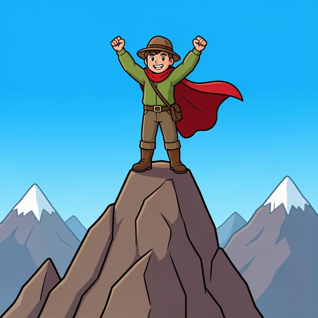A person wearing a bright red cape standing on top of a very tall mountain peak looking out over the clouds.