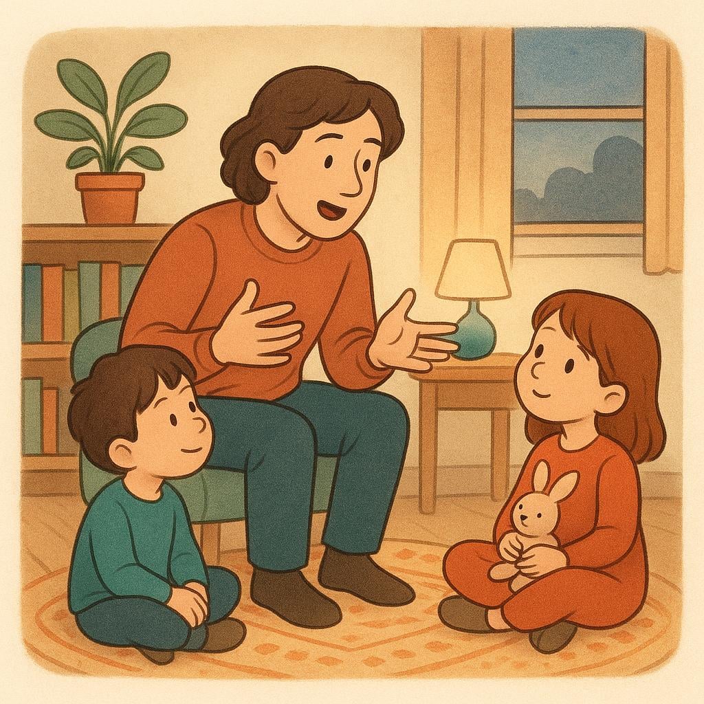 A cozy illustration of an adult person speaking animatedly with expressive hand gestures to two children who are sitting nearby, listening carefully to the story being told.