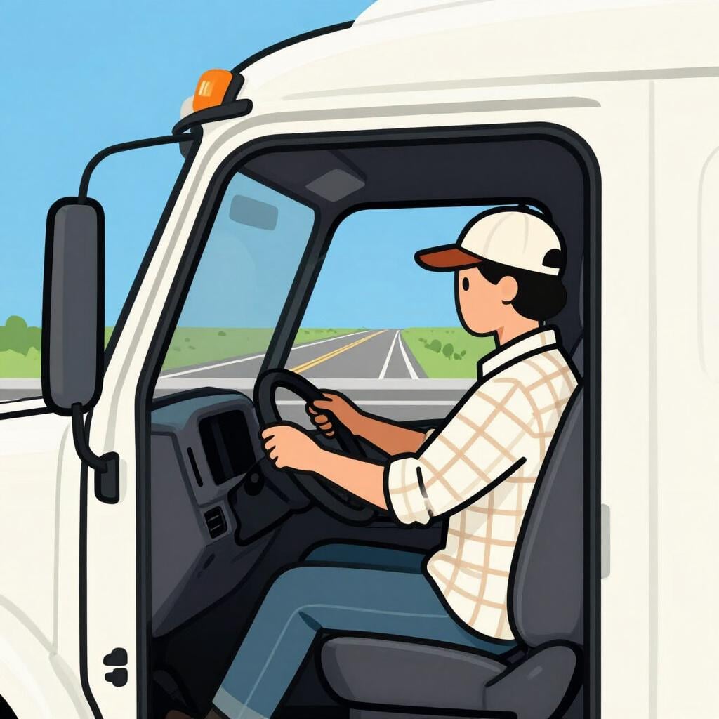 Uma pessoa simpática sentada ao volante da cabine de um grande caminhão, olhando para a estrada à frente através do para-brisa.