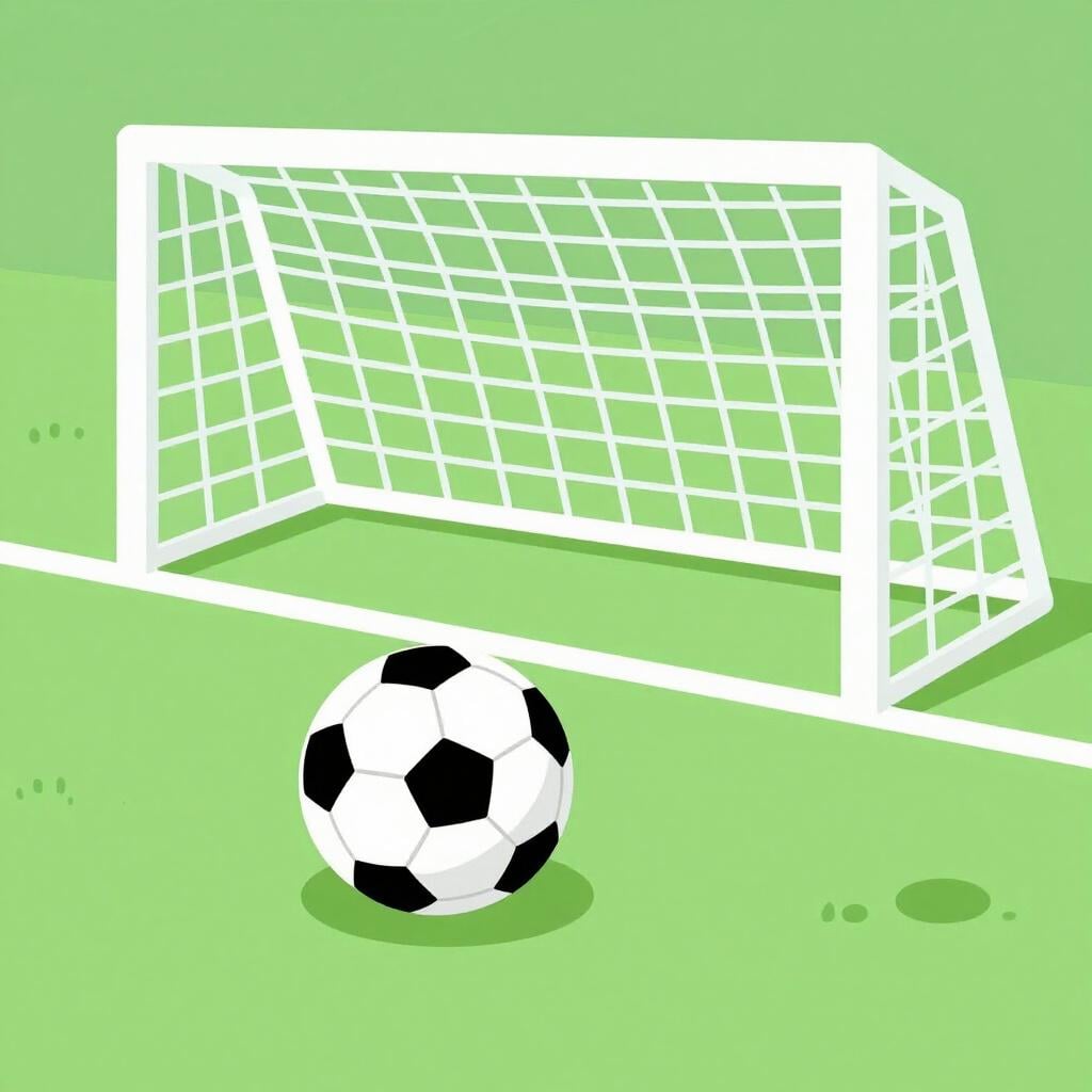 A soccer ball placed on a white dot on a green field with a goal in the background.