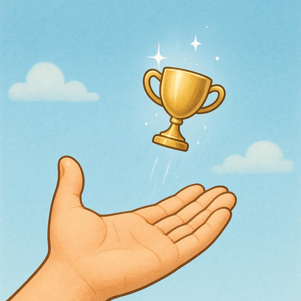 A close-up shot of a hand opening and releasing a small, golden, shining trophy, symbolizing giving up a claim or goal.