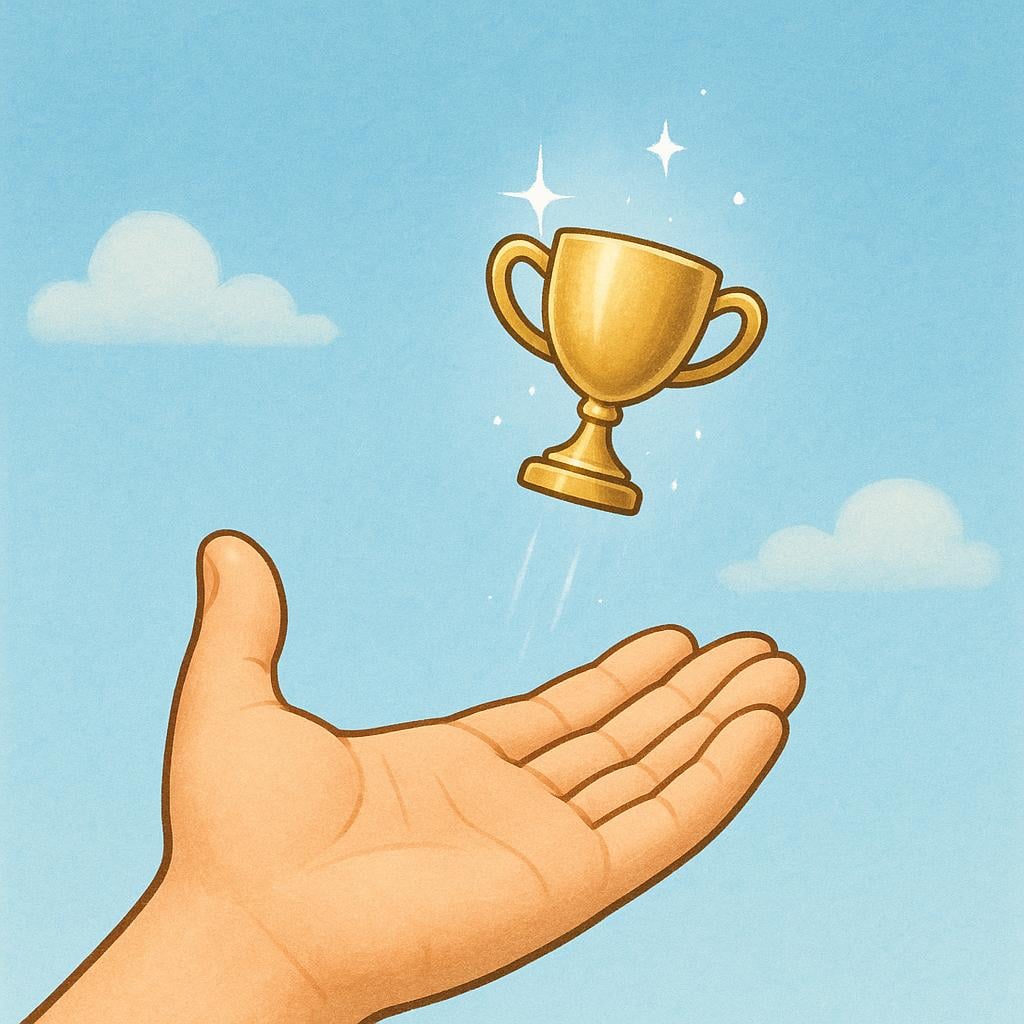 A close-up shot of a hand opening and releasing a small, golden, shining trophy, symbolizing giving up a claim or goal.