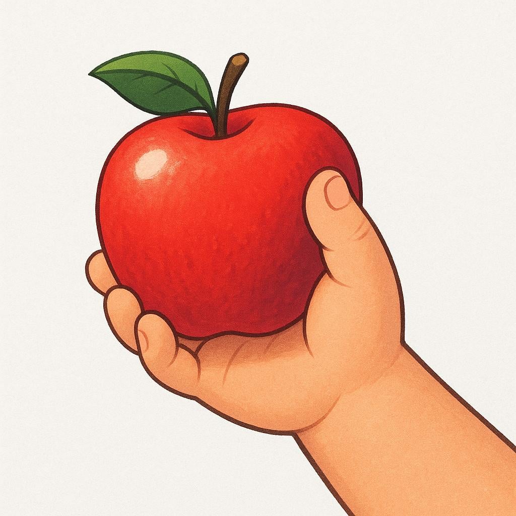 A simple colorful storybook illustration of a child's hand gently holding and lifting a bright red apple, demonstrating the act of taking or carrying.