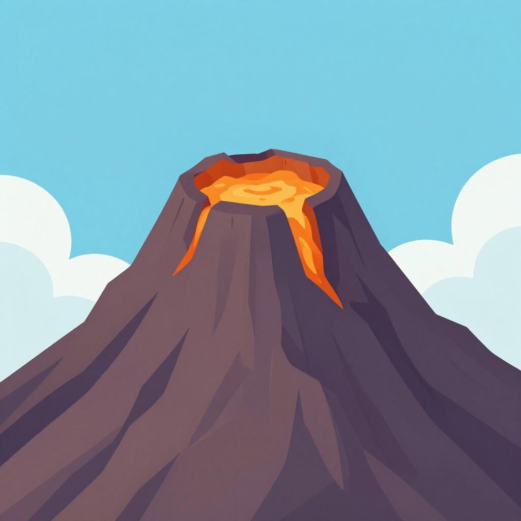 A high quality illustration of the circular opening at the top of a large mountain volcano with red lava inside.