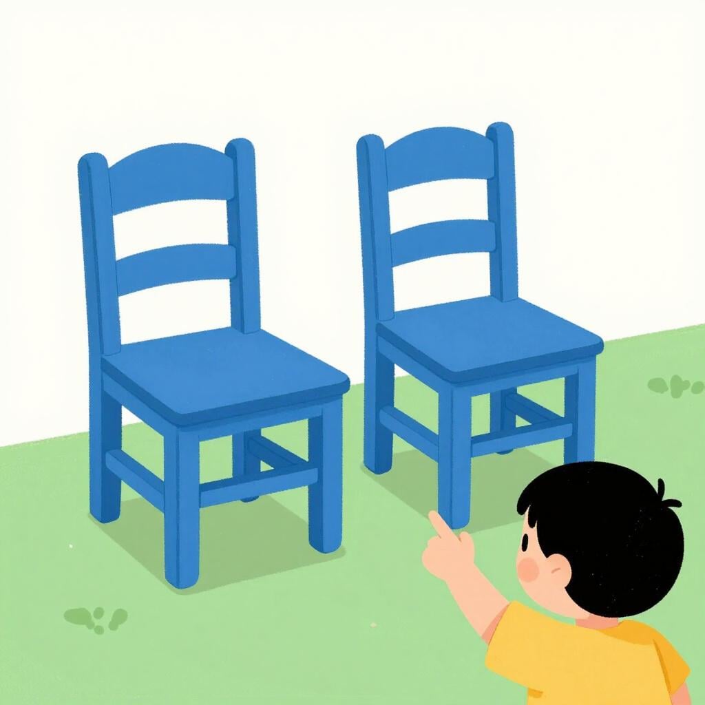 A child pointing towards two blue chairs that are a short distance away.