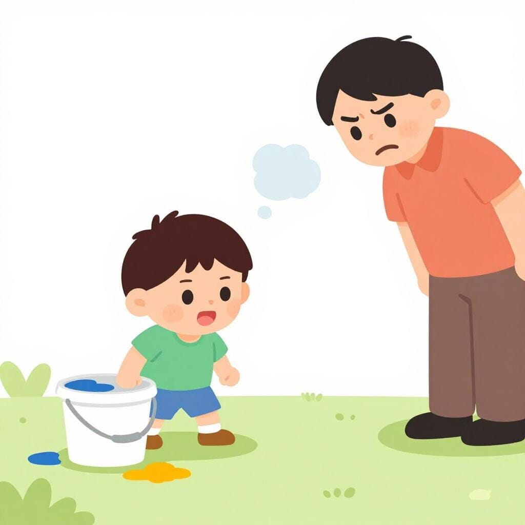 Un enfant espiègle renversant un seau de peinture bleue sur un sol propre, tandis qu'un adulte se tient à proximité avec une expression frustrée et les bras croisés.