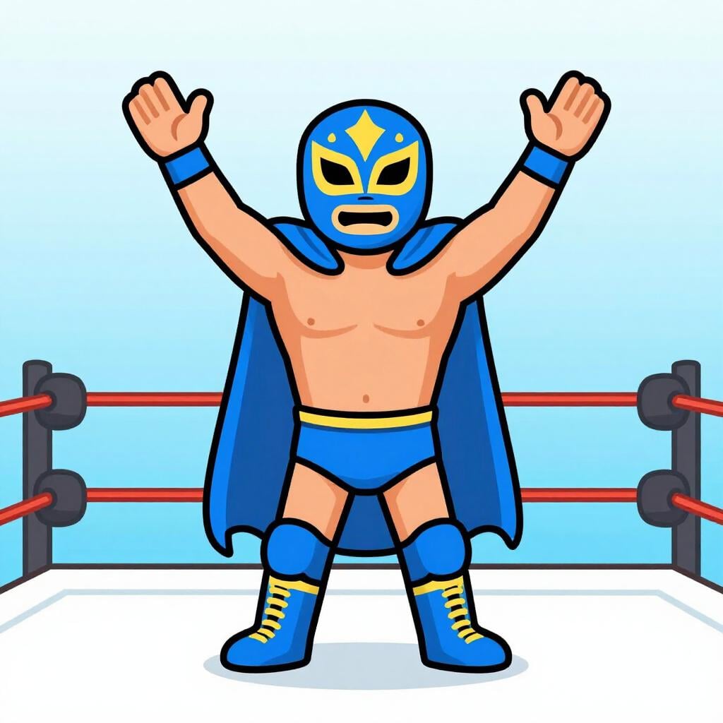 Ein bunter maskierter Wrestler in einem hellen Ring, der seine Arme zum Sieg erhebt.