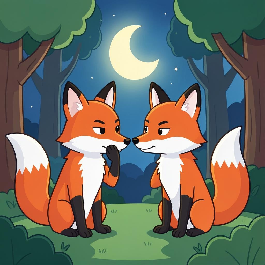 Two foxes huddled together whispering in a dark forest, looking like they are making a secret plan.