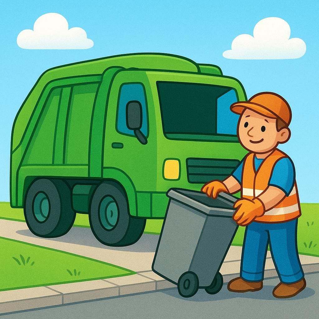Uma ilustração simples de um livro de histórias de um grande caminhão de saneamento verde coletando lixo de uma lixeira residencial, representando um serviço público.
