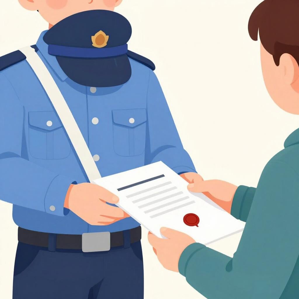 Een persoon in uniform die een gevouwen stuk papier met een lakzegel aan een andere persoon overhandigt.