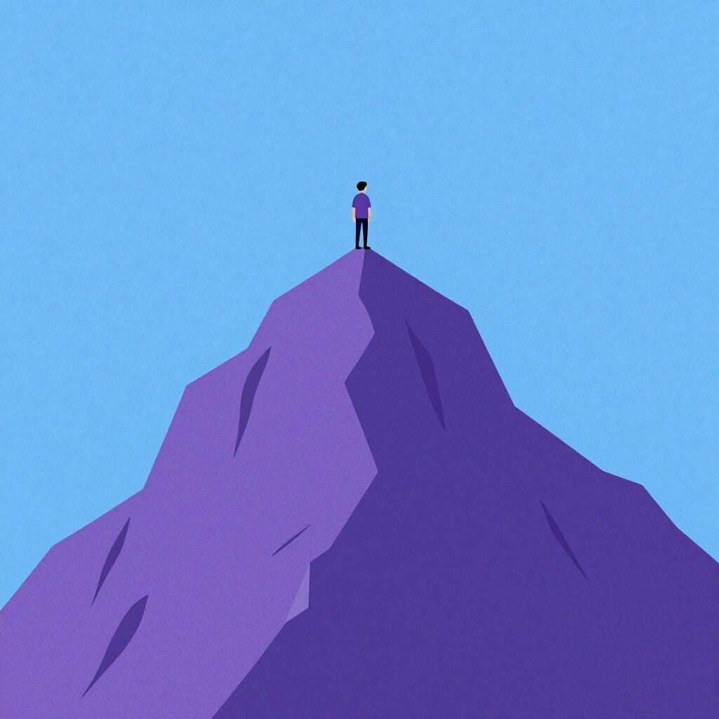 A hiker standing on the peak of a very sharp, high mountain under a bright sun.