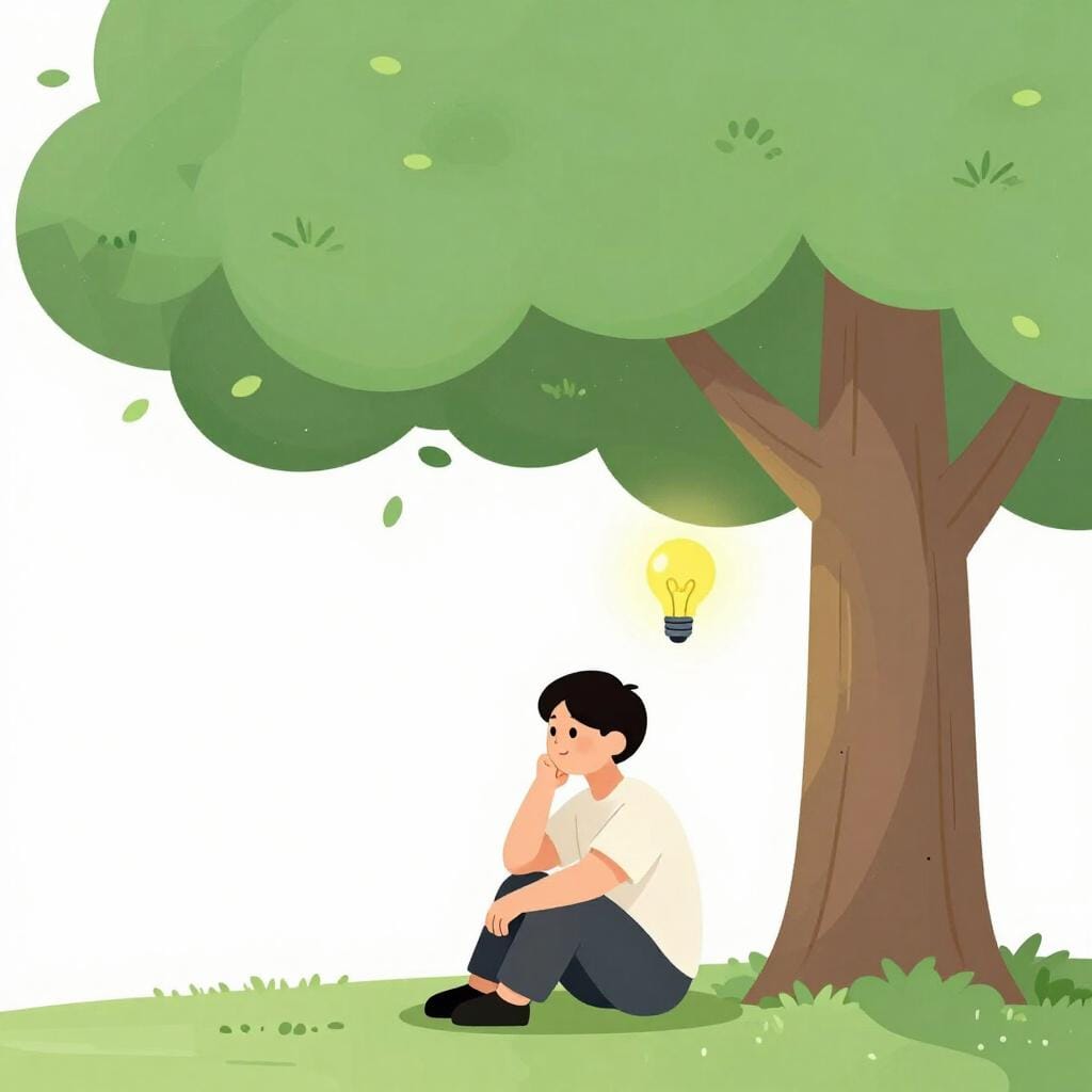 A person sitting peacefully under a tree, holding a single glowing lightbulb near their head to represent processing a new idea.