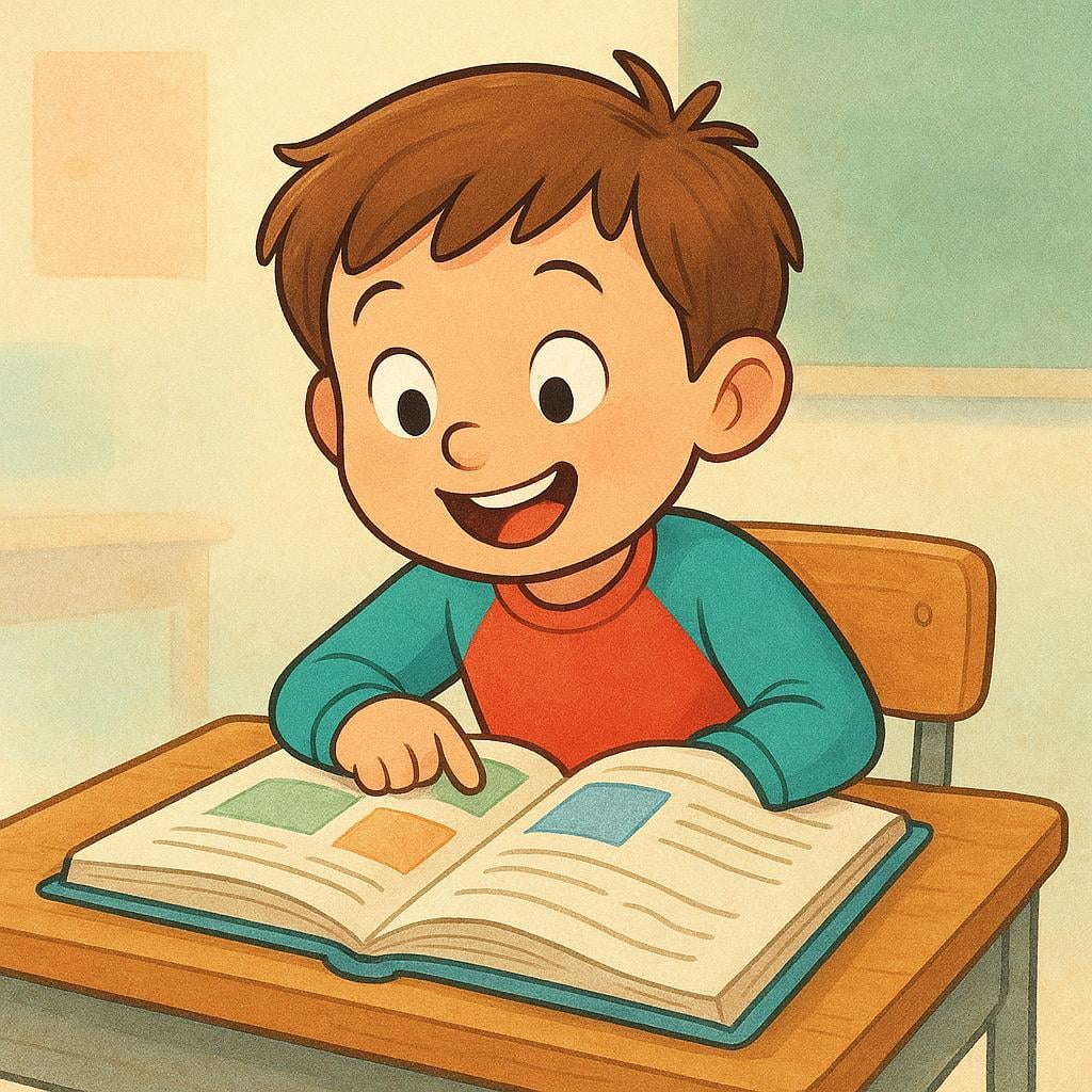 A young child sitting at a simple wooden school desk, enthusiastically reading a large open book, representing the act of formal learning.