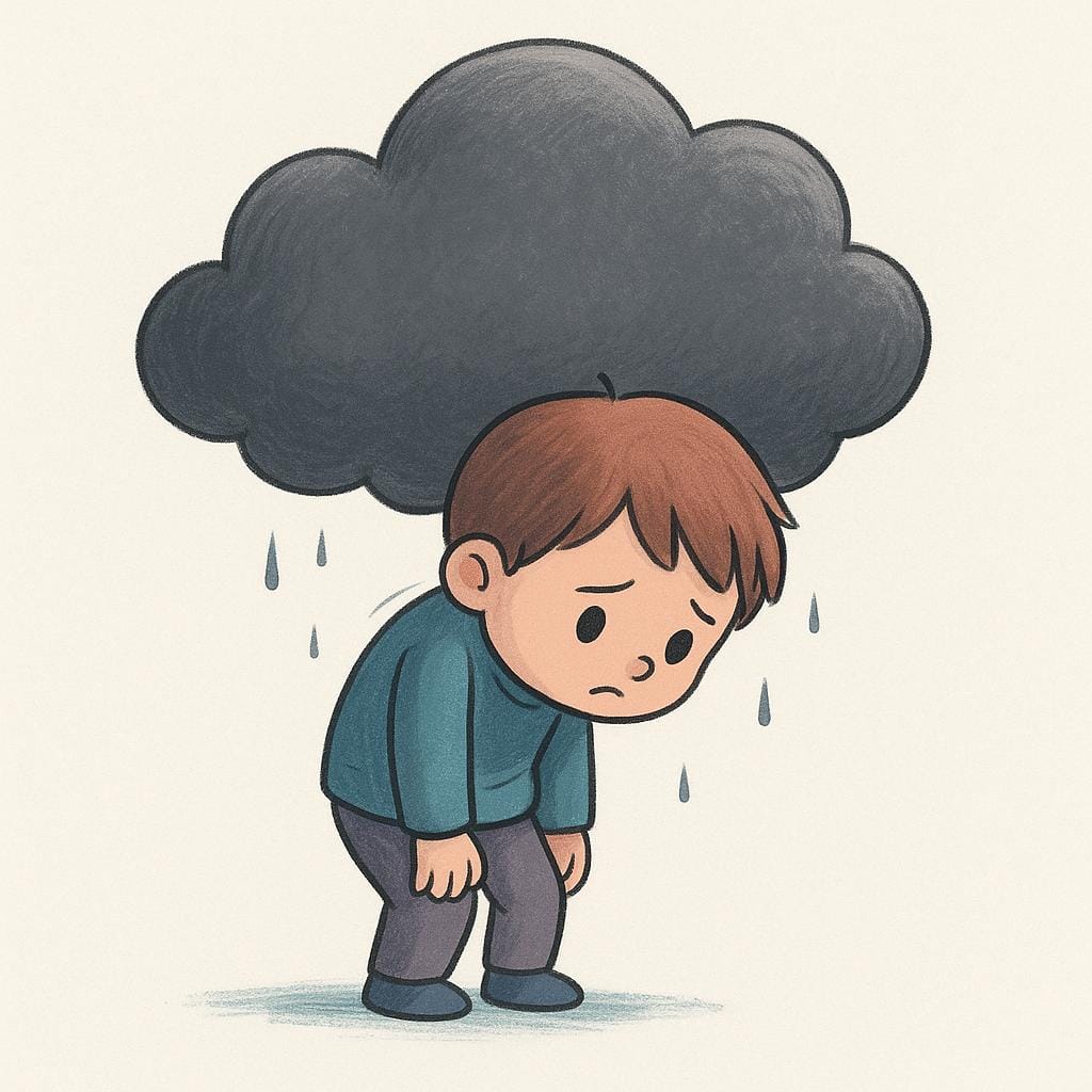 A small figure, hunched over and looking stressed, carrying a very large, heavy, dark gray, amorphous cloud resting directly on their shoulders and back.