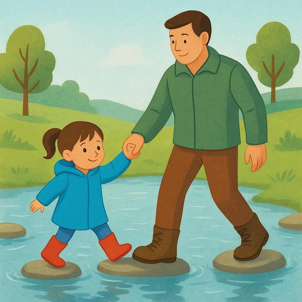 Een kinderboekillustratie van een klein kind dat de hand van een volwassene vasthoudt terwijl ze een beekje oversteken, wat wederzijds geloof en vertrouwen symboliseert.