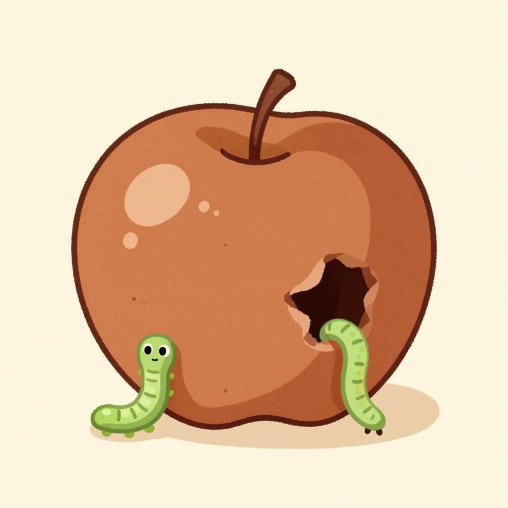 A brown, shriveled apple with a small green worm peeking out.