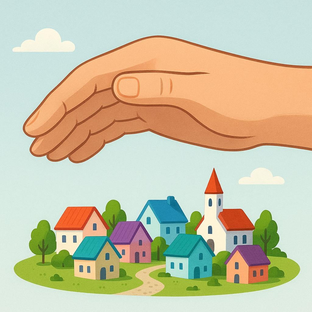 A storybook illustration showing a massive, stylized hand hovering protectively above a tiny, brightly colored village nestled in a valley, representing authority or influence.